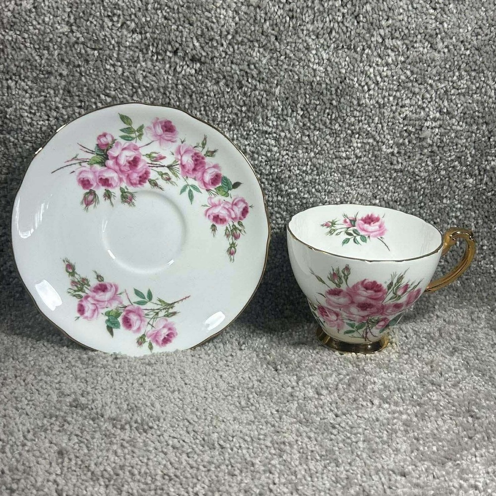 Hammersley & Co Teacup Saucer Pink Rose Gold Trim Bone China England‎ Set